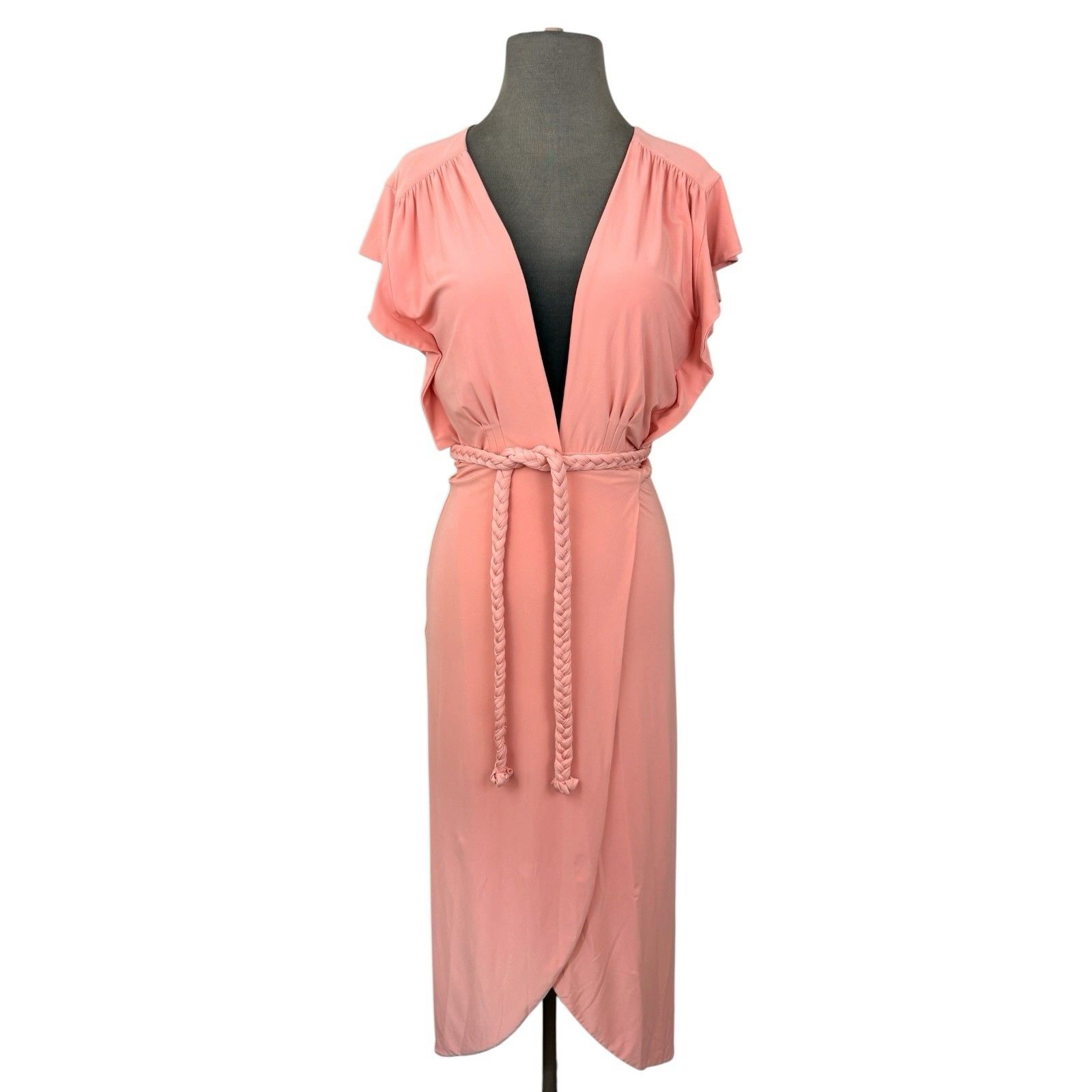 Misa Los Angeles Irina Maxi Dress Sz Small Pink Blush Braided Belt Deep V-Neck